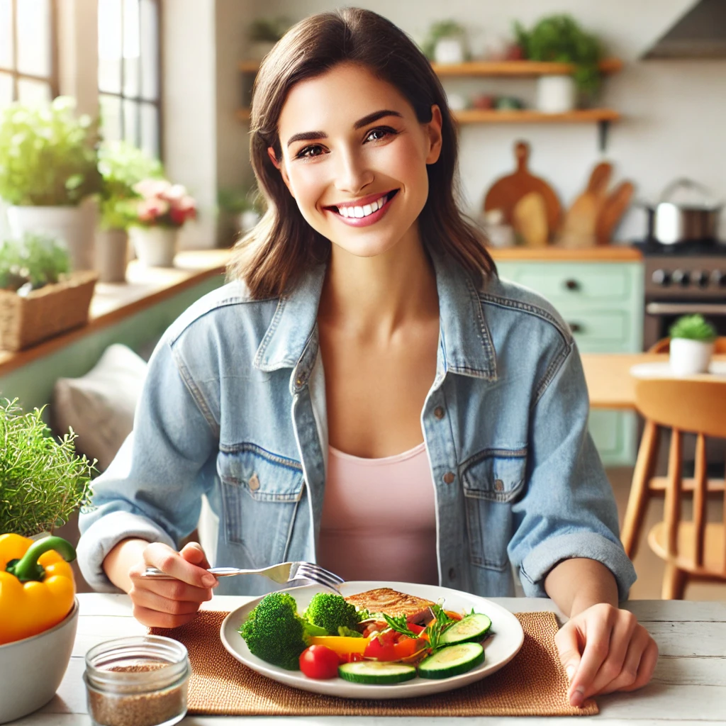 Mulher feliz comendo de forma saudável após emagrecimento
